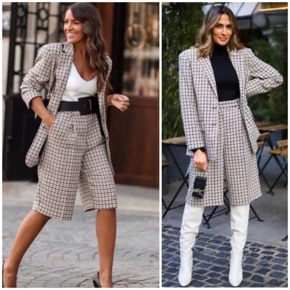 Zara Pants - Zara Houndstooth Bermuda Shorts Beige Tan Bloggers Favorite XS